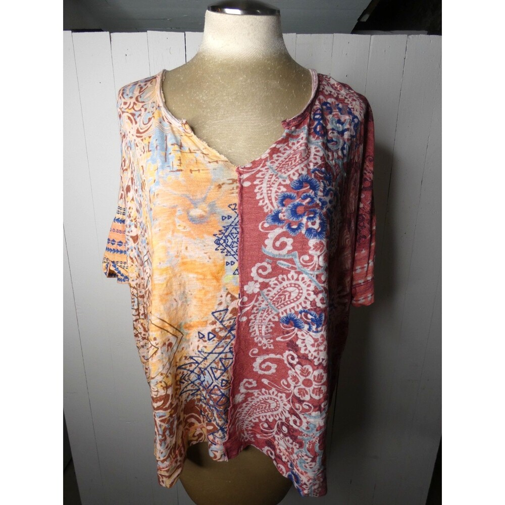 Sundance Catalog Women's 1X Follower Tee Multicolor Paisley Top Boxy 100% Cotton